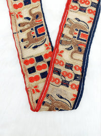 Thumbnail for Beige Shimmer Gold Art Silk Fabric Trim with Elephant Embroidery, Lace Trim, Indian Lace Trim