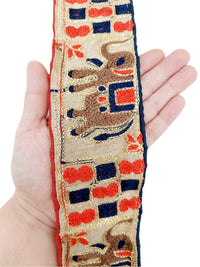 Thumbnail for Beige Shimmer Gold Art Silk Fabric Trim with Elephant Embroidery, Lace Trim, Indian Lace Trim