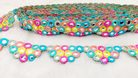 Thumbnail for Multicoloured Indian Foil Mirror Trim, Kutch Embroidered Navratri Garba Dress Trim Bridal Lace, Indian Sari Border 9 Yards