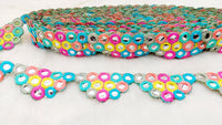 Thumbnail for Multicoloured Indian Foil Mirror Trim, Kutch Embroidered Navratri Garba Dress Trim Bridal Lace, Indian Sari Border
