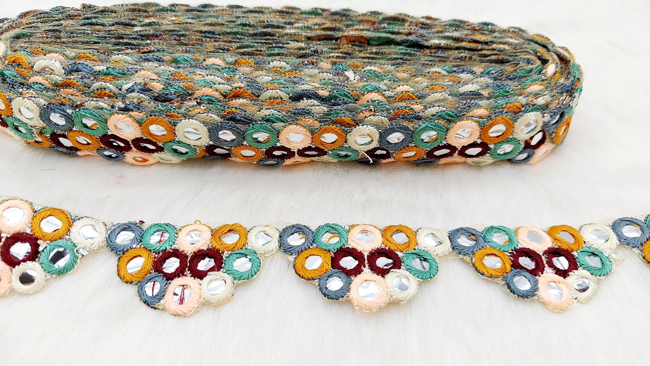 Multicoloured Indian Foil Mirror Trim, Kutch Embroidered Navratri Garba Dress Trim Bridal Lace, Indian Sari Border 9 Yards