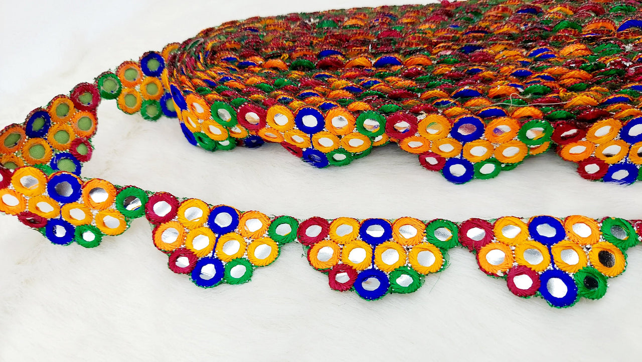 Multicoloured Indian Foil Mirror Trim, Kutch Embroidered Navratri Garba Dress Trim Bridal Lace, Indian Sari Border
