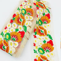 Thumbnail for 9 Yards Floral Border, Beige Shimmer Tissue Fabric Lace Trim Flowers Embroidery, Floral Sari Trimming