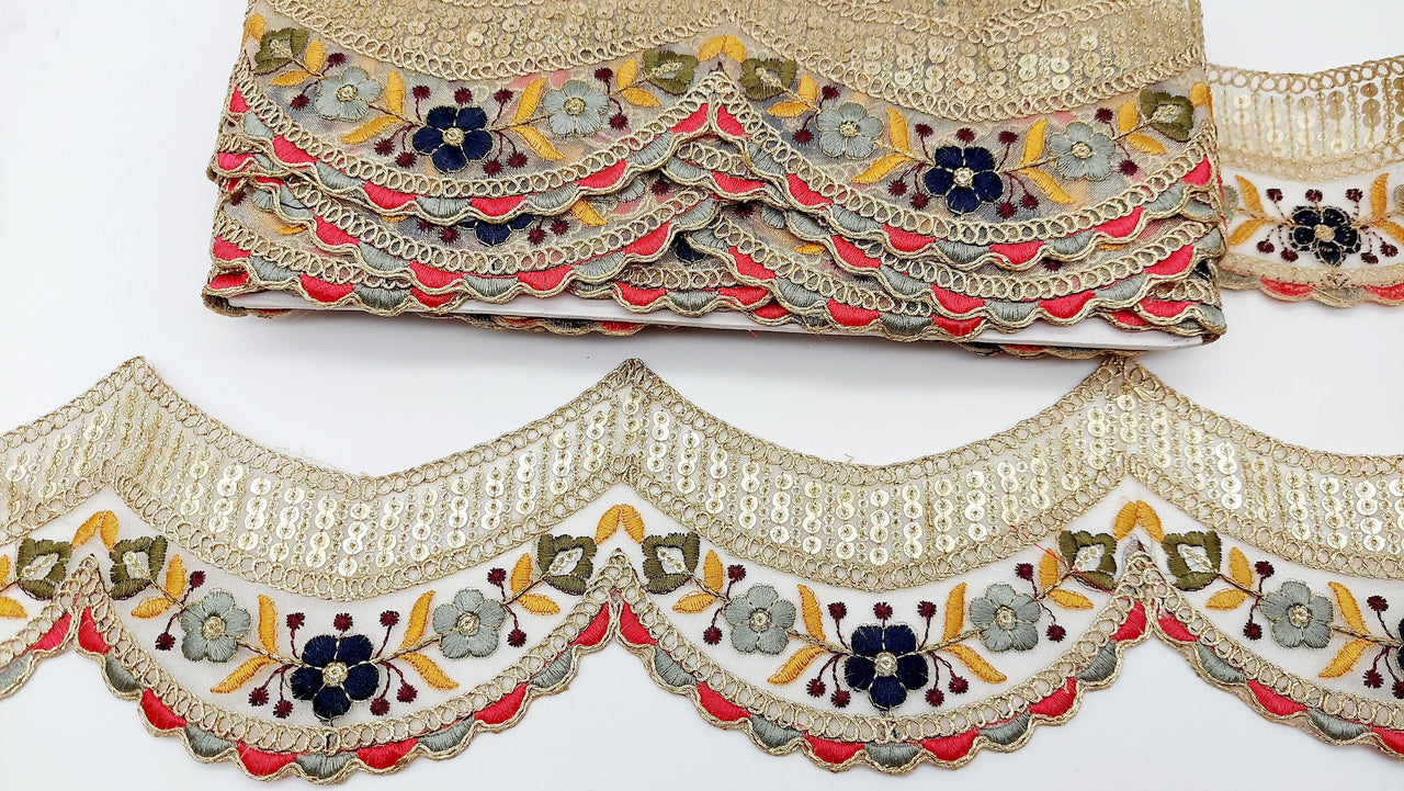 9 Yards Scallop Sequin Floral Border, Beige Shimmer Tissue Fabric Lace Trim Flowers Embroidery, Floral Sari Trimming