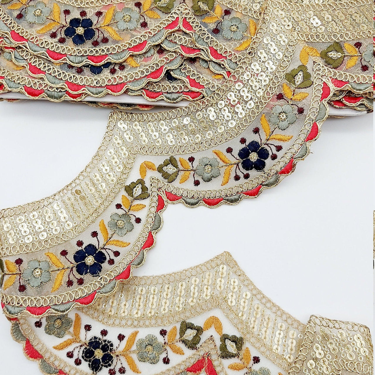 9 Yards Scallop Sequin Floral Border, Beige Shimmer Tissue Fabric Lace Trim Flowers Embroidery, Floral Sari Trimming