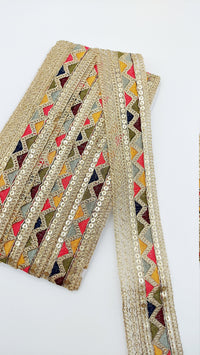 Thumbnail for Tissue Fabric Sequin Border, Beige Shimmer Tissue Fabric Lace Trim Temple Embroidery, Decorative Trim