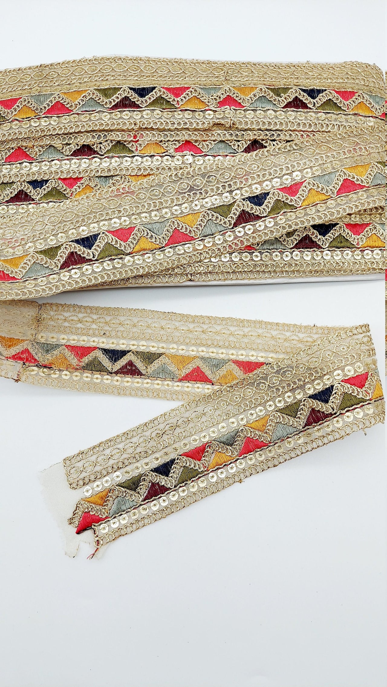 Tissue Fabric Sequin Border, Beige Shimmer Tissue Fabric Lace Trim Temple Embroidery, Decorative Trim