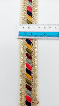 Thumbnail for Tissue Fabric Sequin Border, Beige Shimmer Tissue Fabric Lace Trim Stripes Embroidery, Decorative Trim