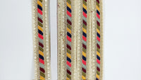 Thumbnail for Tissue Fabric Sequin Border, Beige Shimmer Tissue Fabric Lace Trim Stripes Embroidery, Decorative Trim
