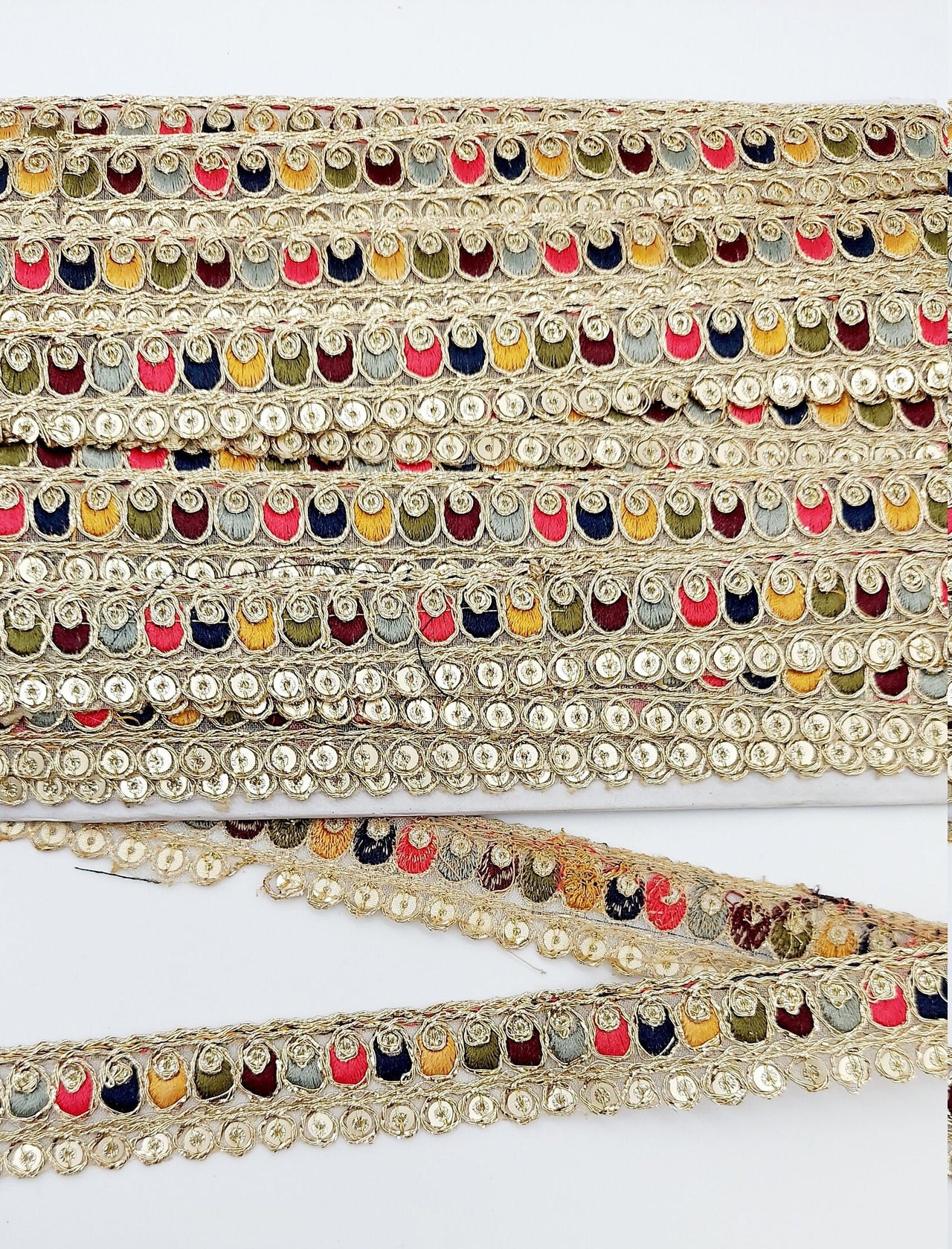 Multicoloured Tissue Fabric Sequin Border, Beige Shimmer Lace Trim, Decorative Trim
