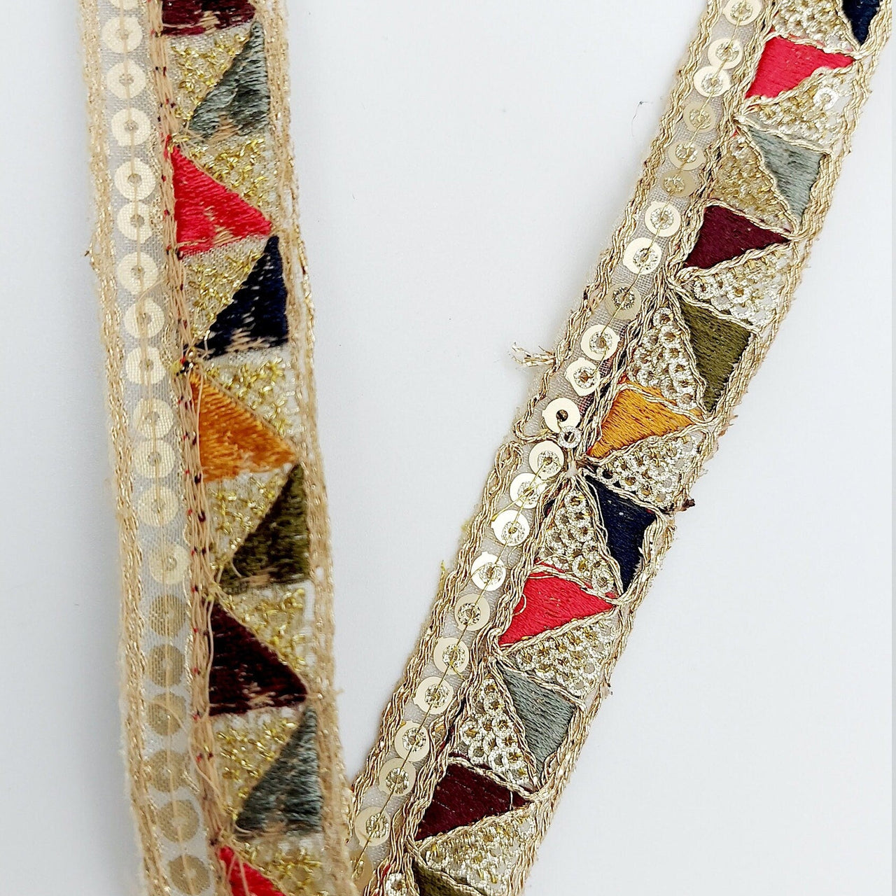 Gold Sequin Border With Multicoloured Triangle Embroidery, Beige Shimmer Lace Trim, Decorative Trim