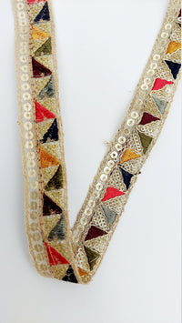 Thumbnail for Gold Sequin Border With Multicoloured Triangle Embroidery, Beige Shimmer Lace Trim, Decorative Trim
