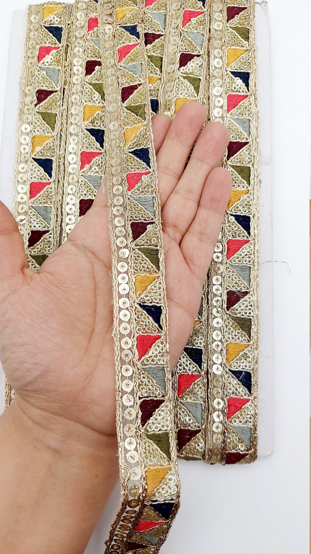 Gold Sequin Border With Multicoloured Triangle Embroidery, Beige Shimmer Lace Trim, Decorative Trim