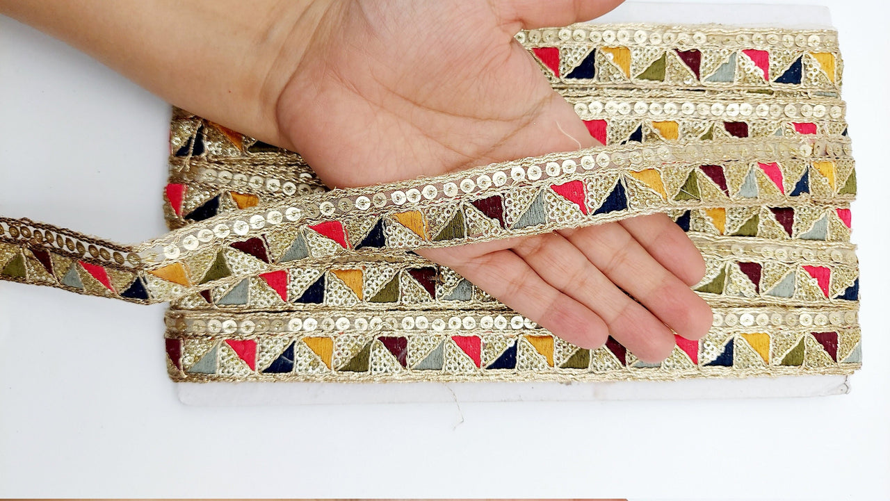 Gold Sequin Border With Multicoloured Triangle Embroidery, Beige Shimmer Lace Trim, Decorative Trim