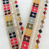 Thumbnail for Gold Sequin Border With Multicoloured Floral Embroidery, Beige Shimmer Lace Trim, Decorative Trim