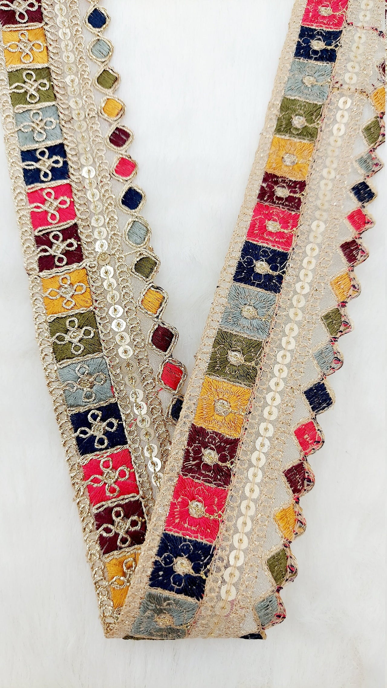 Gold Sequin Border With Multicoloured Floral Embroidery, Beige Shimmer Lace Trim, Decorative Trim