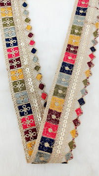Thumbnail for Gold Sequin Border With Multicoloured Floral Embroidery, Beige Shimmer Lace Trim, Decorative Trim
