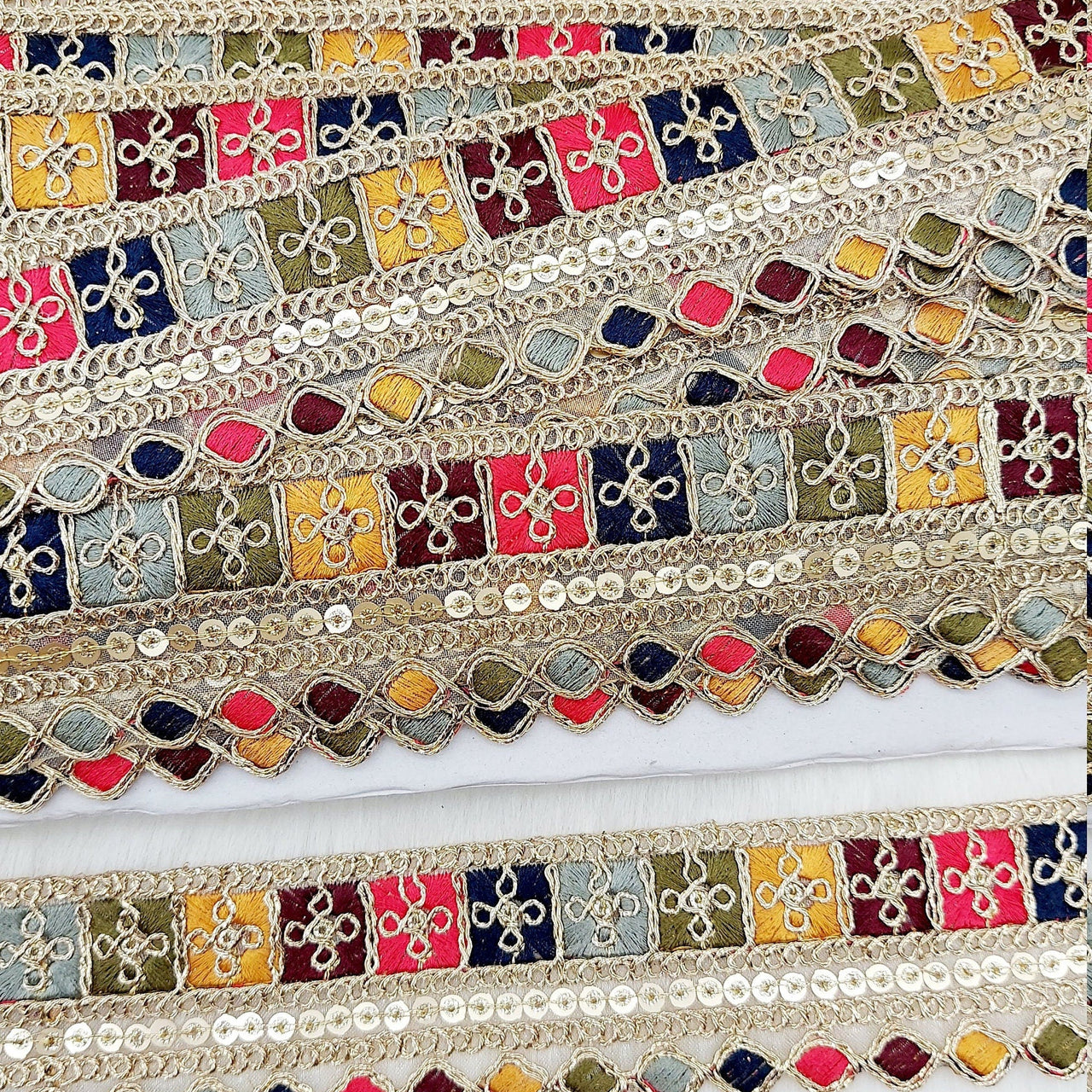 Gold Sequin Border With Multicoloured Floral Embroidery, Beige Shimmer Lace Trim, Decorative Trim