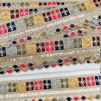 Thumbnail for Gold Sequin Border With Multicoloured Floral Embroidery, Beige Shimmer Lace Trim, Decorative Trim