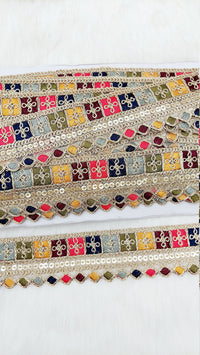 Thumbnail for Gold Sequin Border With Multicoloured Floral Embroidery, Beige Shimmer Lace Trim, Decorative Trim