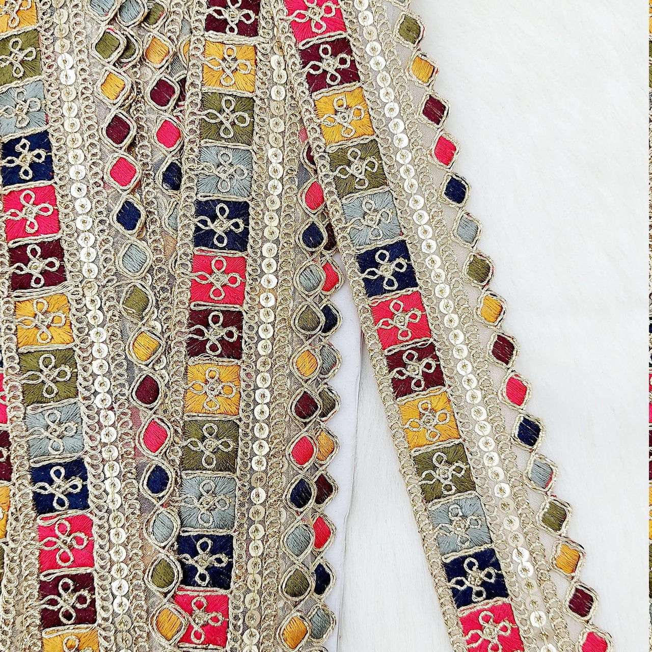Gold Sequin Border With Multicoloured Floral Embroidery, Beige Shimmer Lace Trim, Decorative Trim