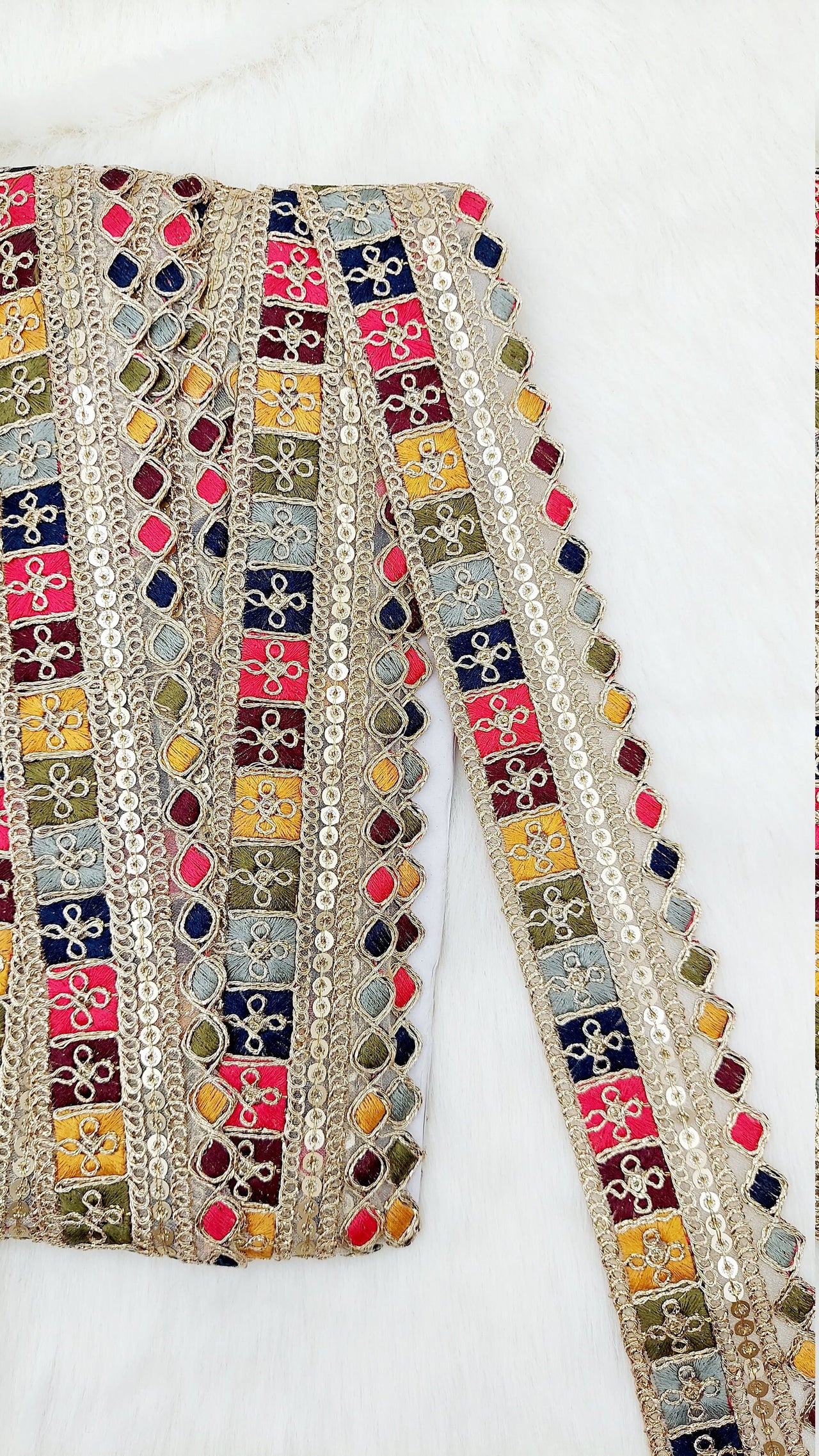 Gold Sequin Border With Multicoloured Floral Embroidery, Beige Shimmer Lace Trim, Decorative Trim