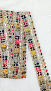 Thumbnail for Gold Sequin Border With Multicoloured Floral Embroidery, Beige Shimmer Lace Trim, Decorative Trim