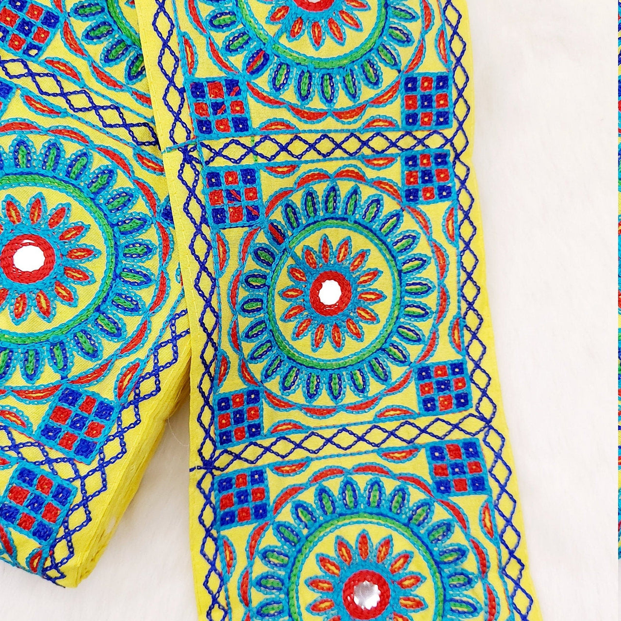 Indian Yellow Fabric Trim, Mirror Floral Kutch Embroidered, Decorative Trim