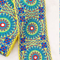 Thumbnail for Indian Yellow Fabric Trim, Mirror Floral Kutch Embroidered, Decorative Trim