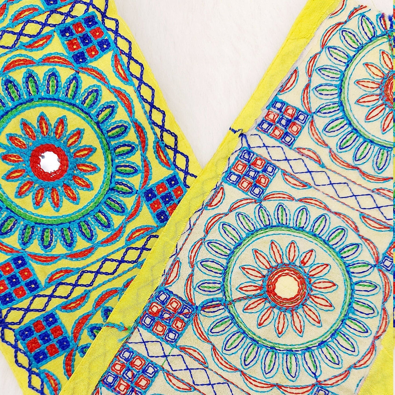 Indian Yellow Fabric Trim, Mirror Floral Kutch Embroidered, Decorative Trim