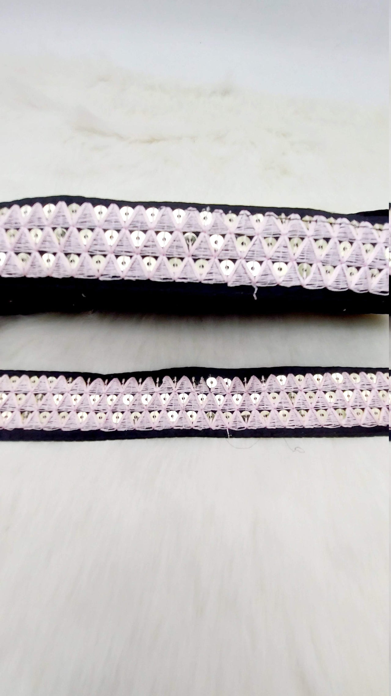 Black Cotton Fabric Lace Trim with Pink Thread and Gold Sequins Embroidery, Decorative Trim, Bohemian Trim