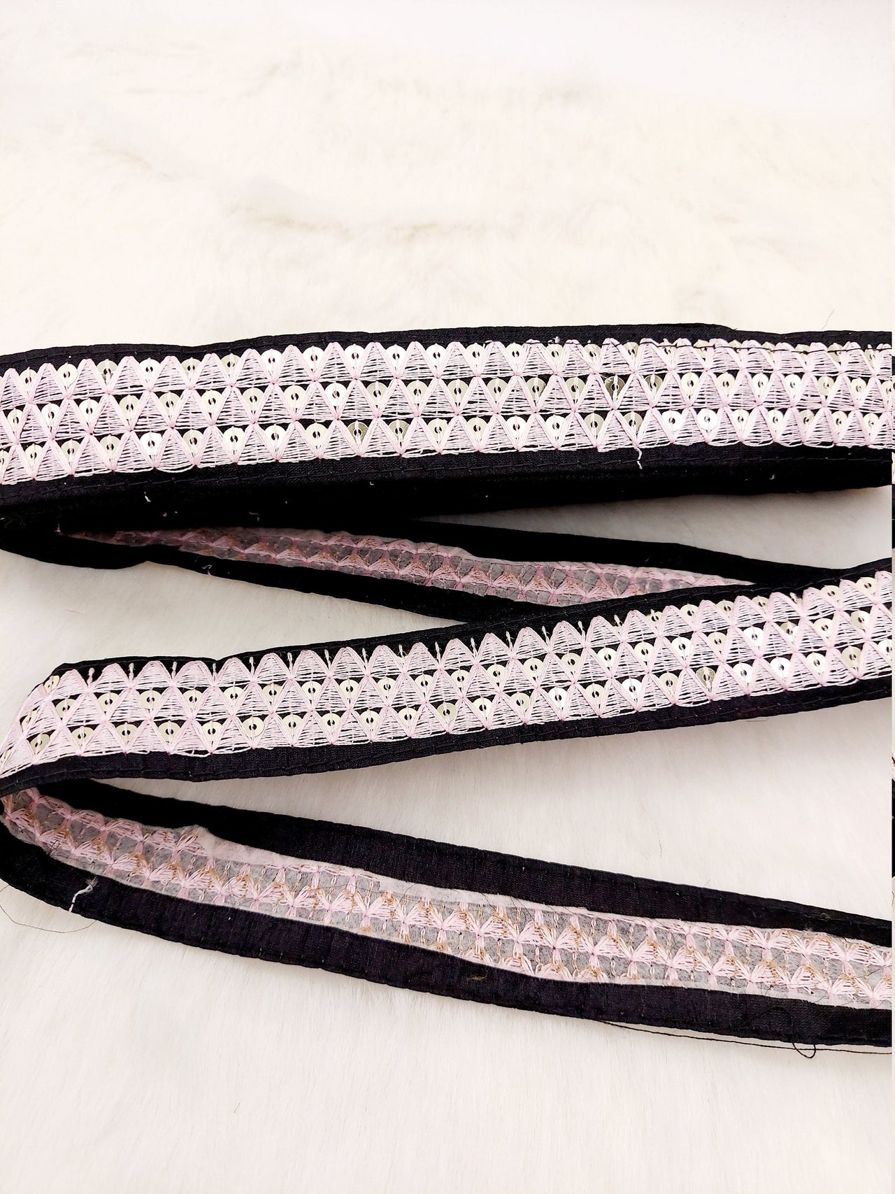 Black Cotton Fabric Lace Trim with Pink Thread and Gold Sequins Embroidery, Decorative Trim, Bohemian Trim