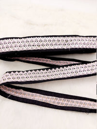 Thumbnail for Black Cotton Fabric Lace Trim with Pink Thread and Gold Sequins Embroidery, Decorative Trim, Bohemian Trim