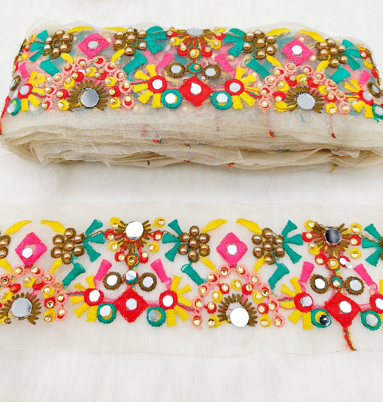 Gold Sheer Tissue Fabric Trim Floral Embroidery, Mirror Trim Sari Border Trim by 9 Yards Decorative Mirrored Border