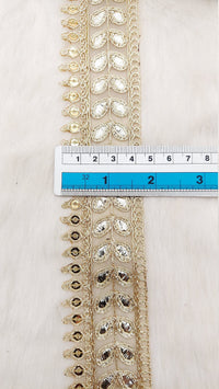 Thumbnail for 9 Yards Sheer Gold Tissue Fabric Lace Trim with Indian Gold Foil Work Gota Patti Sari Border, Sequin Embroidery