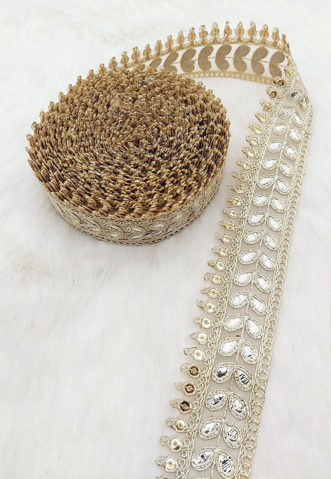 9 Yards Sheer Gold Tissue Fabric Lace Trim with Indian Gold Foil Work Gota Patti Sari Border, Sequin Embroidery