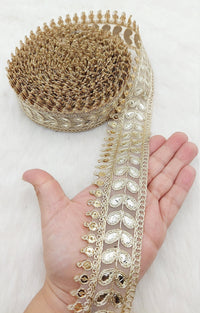Thumbnail for 9 Yards Sheer Gold Tissue Fabric Lace Trim with Indian Gold Foil Work Gota Patti Sari Border, Sequin Embroidery