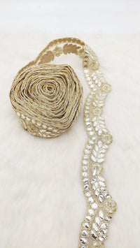 Thumbnail for 9 Yards Sheer Gold Tissue Scallop Fabric Lace Trim with Indian Gold Foil Work Gota Patti Sari Border