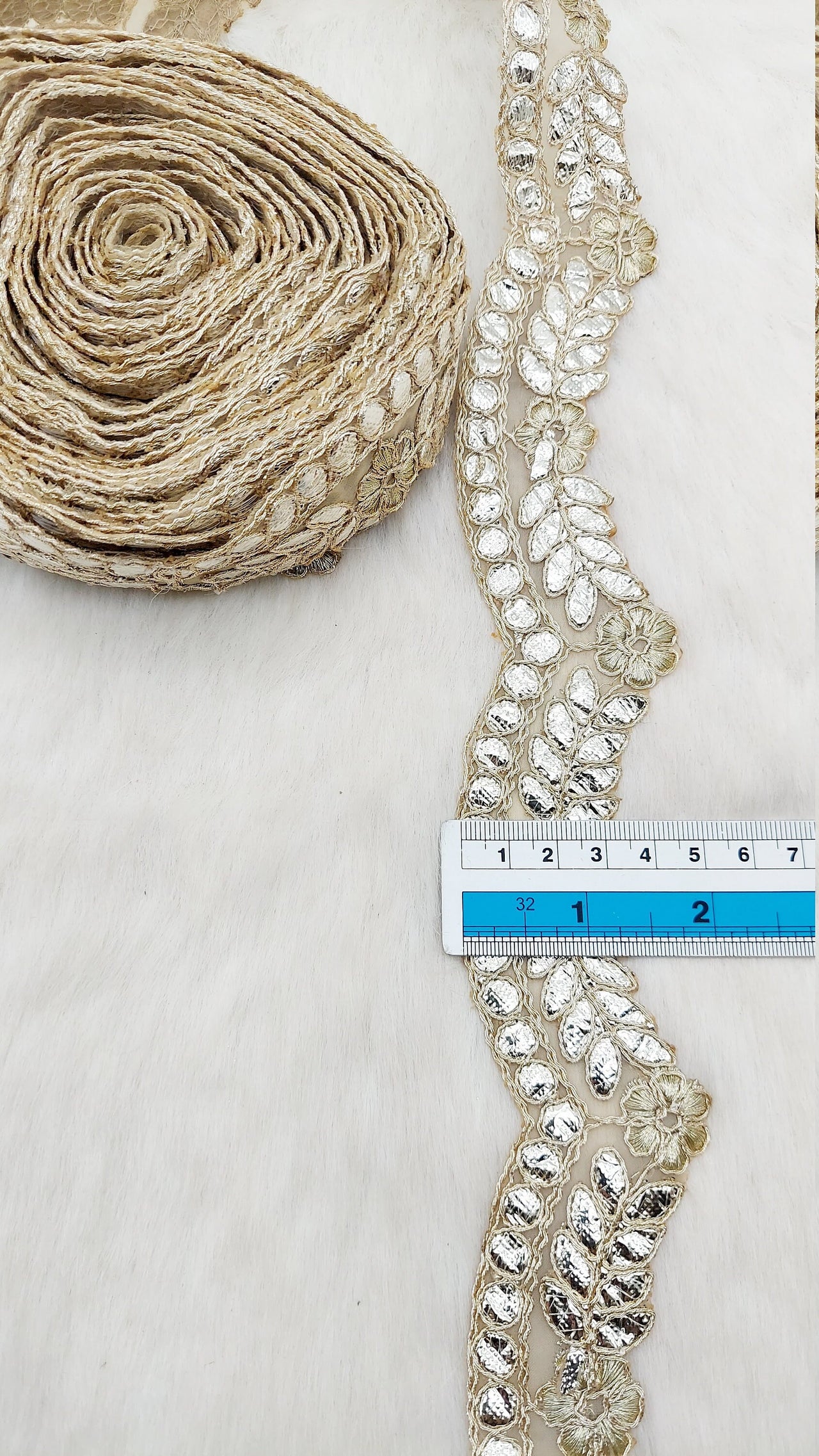 9 Yards Sheer Gold Tissue Scallop Fabric Lace Trim with Indian Gold Foil Work Gota Patti Sari Border
