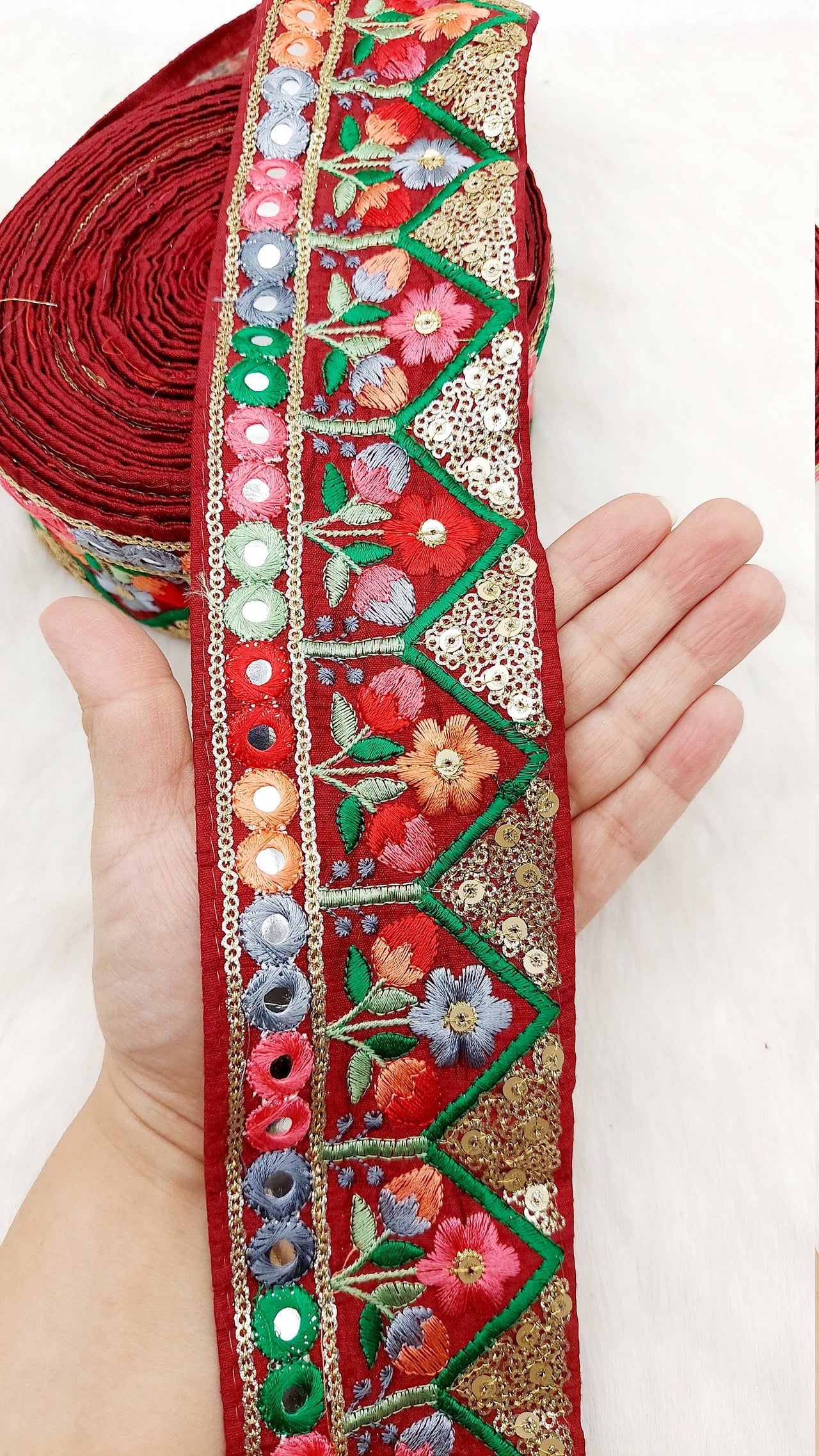 Floral Embroidered Velvet Trim Indian Sari Border, Sequin Trimming, Sequinned Lace