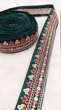 Thumbnail for Floral Embroidered Sequin Border Art Silk Trim, Decorative Trim, Indian Sari Border