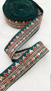 Thumbnail for Floral Embroidered Sequin Border Art Silk Trim, Decorative Trim, Indian Sari Border