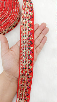 Thumbnail for Floral Embroidered Sequin Border Art Silk Trim, Decorative Trim, Indian Sari Border
