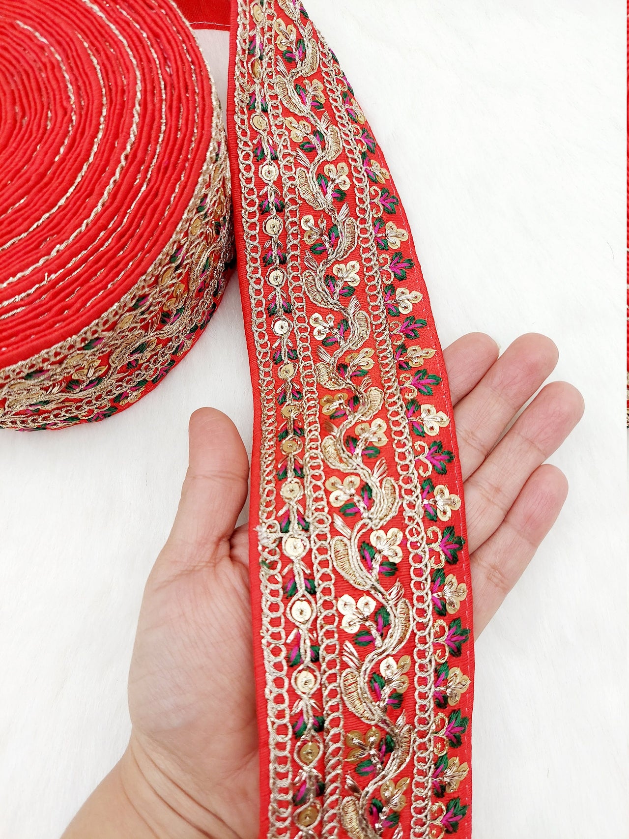 Art Silk Fabric Sari Border Trim with Floral Embroidery and Gold Sequins, Decorative Trim, Indian Sari Border