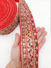Thumbnail for Art Silk Fabric Sari Border Trim with Floral Embroidery and Gold Sequins, Decorative Trim, Indian Sari Border