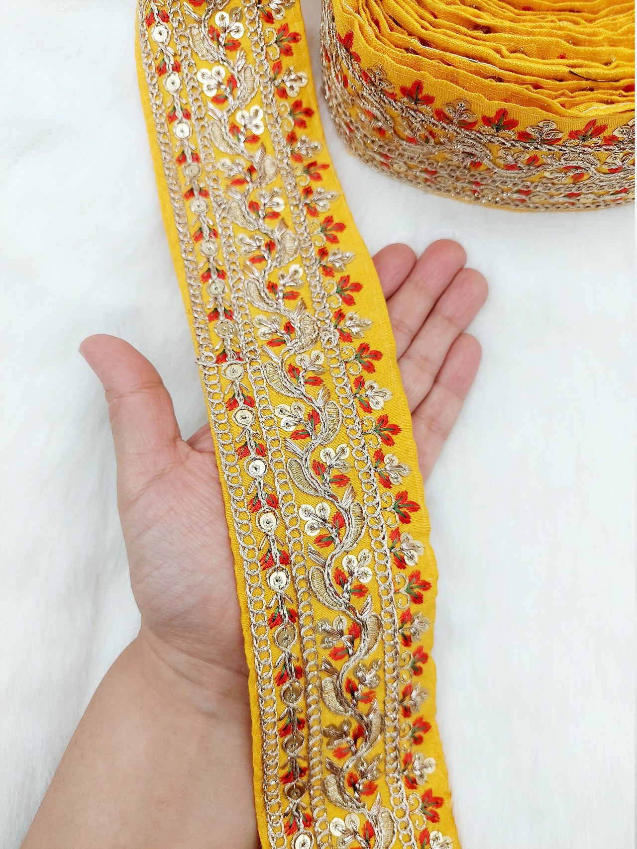 Art Silk Fabric Sari Border Trim with Floral Embroidery and Gold Sequins, Decorative Trim, Indian Sari Border