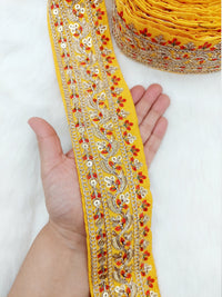 Thumbnail for Art Silk Fabric Sari Border Trim with Floral Embroidery and Gold Sequins, Decorative Trim, Indian Sari Border