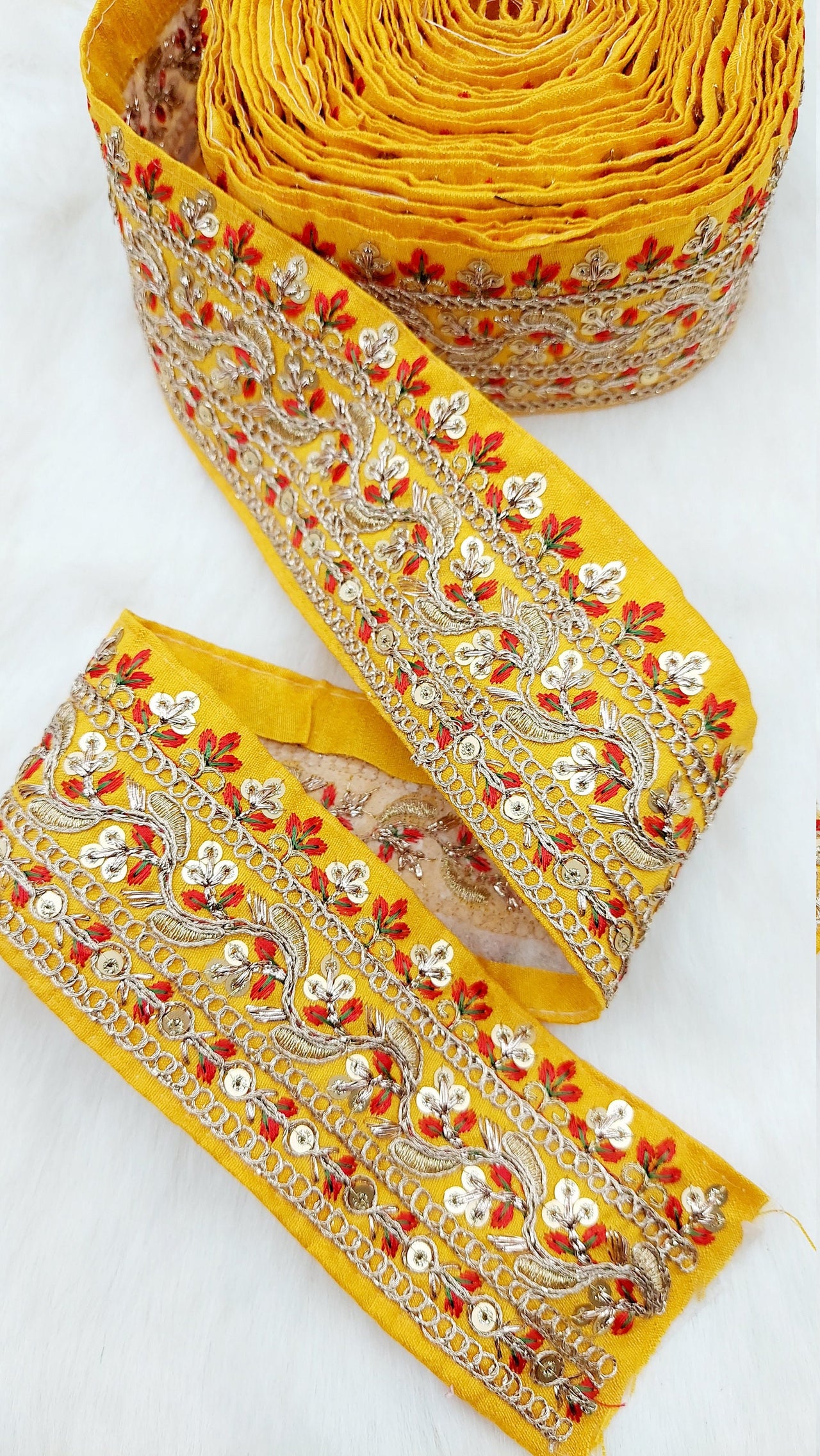 Art Silk Fabric Sari Border Trim with Floral Embroidery and Gold Sequins, Decorative Trim, Indian Sari Border