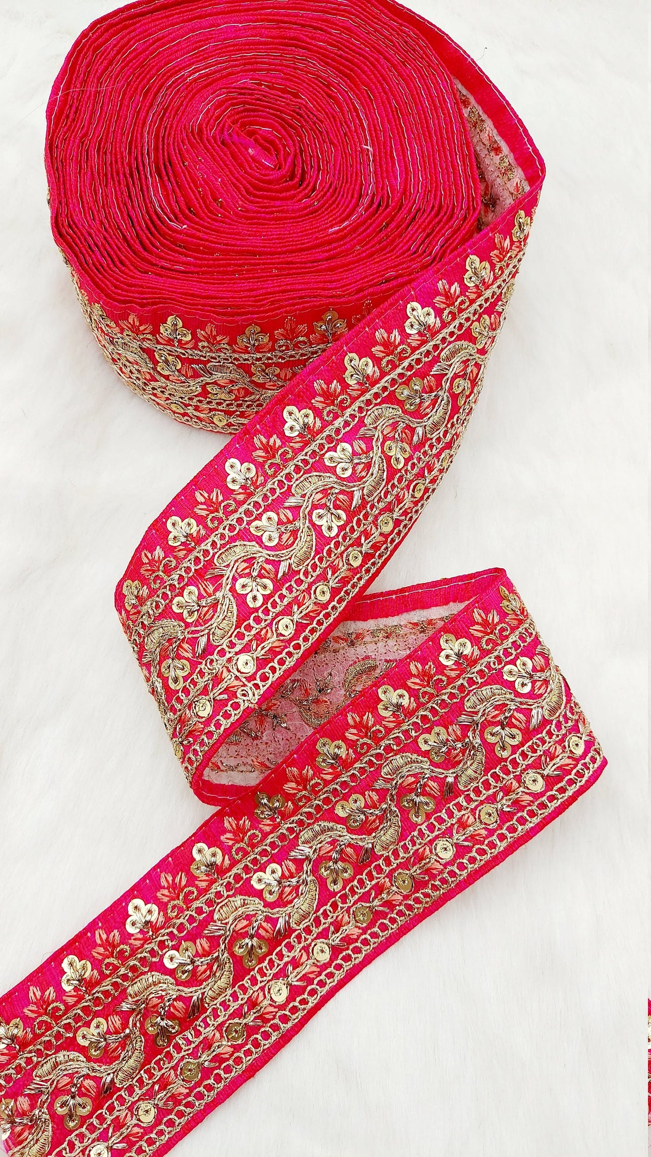 Art Silk Fabric Sari Border Trim with Floral Embroidery and Gold Sequins, Decorative Trim, Indian Sari Border