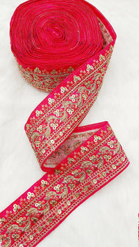 Thumbnail for Art Silk Fabric Sari Border Trim with Floral Embroidery and Gold Sequins, Decorative Trim, Indian Sari Border